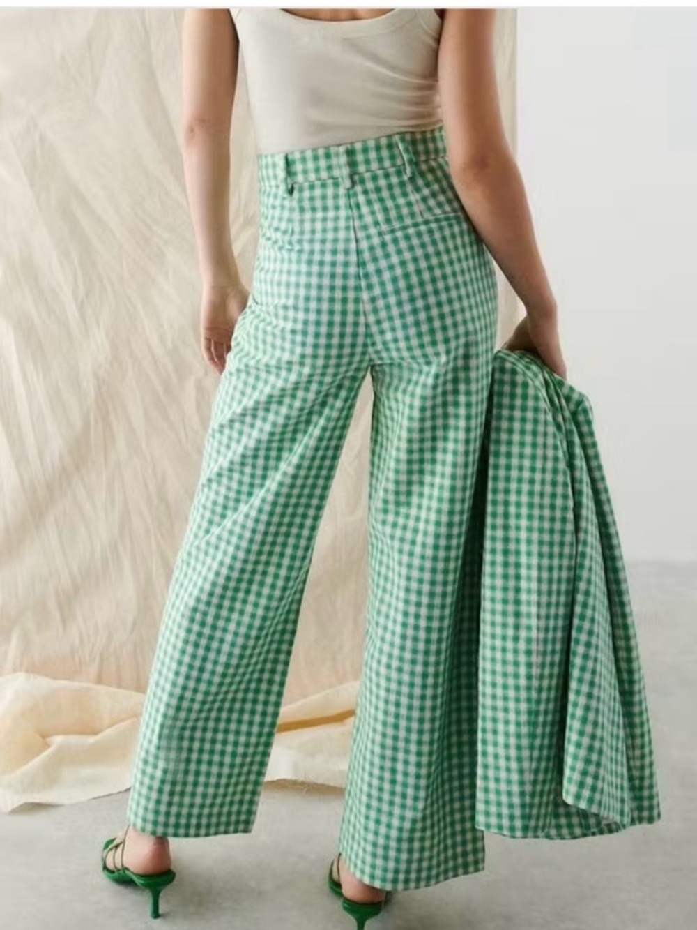 Gina Tricot Azur Green Gingham Wide Leg High Rise Pants XS 6049